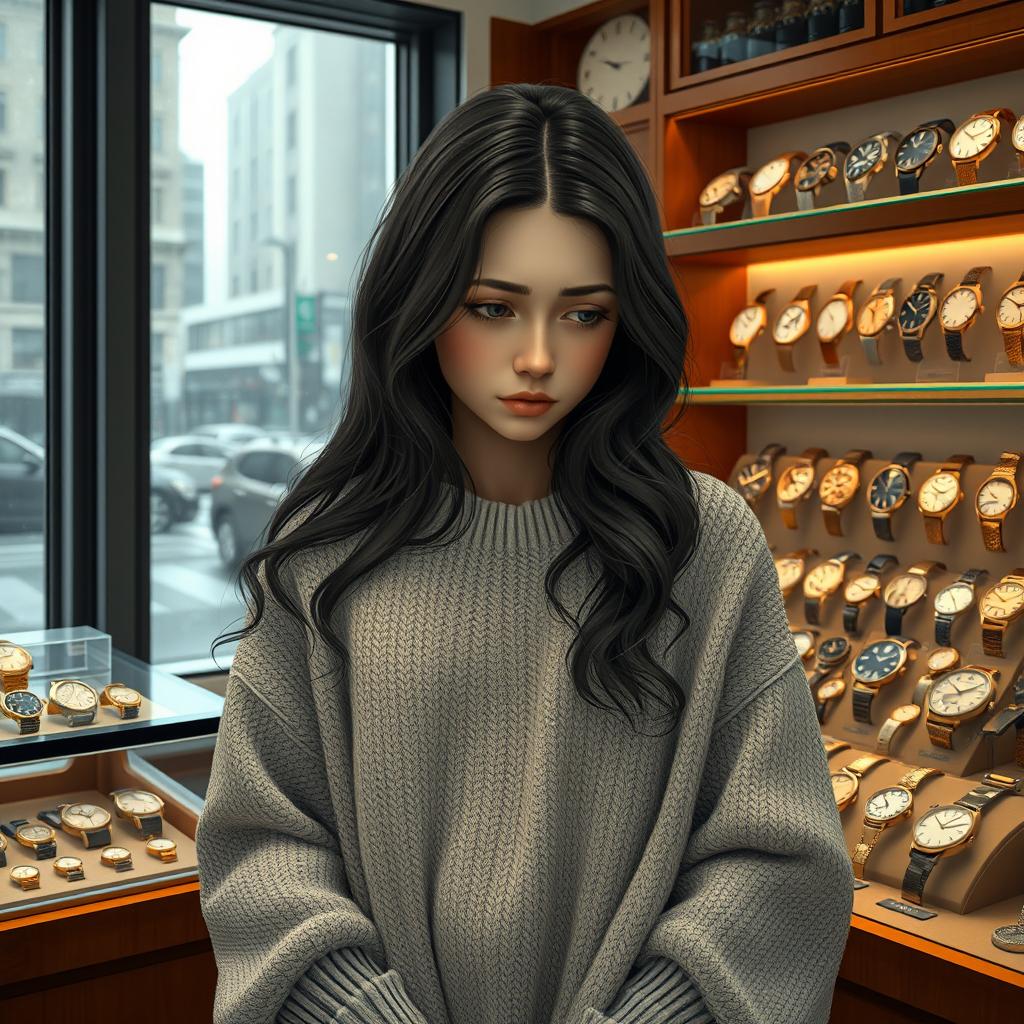 A sad girl standing in a watch shop, surrounded by an array of elegant and vintage timepieces