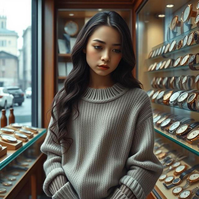 A sad girl standing in a watch shop, surrounded by an array of elegant and vintage timepieces