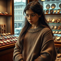 A sad girl standing in a watch shop, surrounded by an array of elegant and vintage timepieces