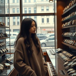 A sad girl standing in a watch shop, surrounded by an array of elegant and vintage timepieces