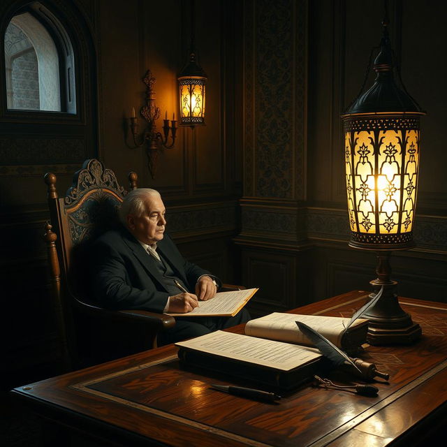 A politician seated on a wooden chair, deep in thought while writing in a dark castle