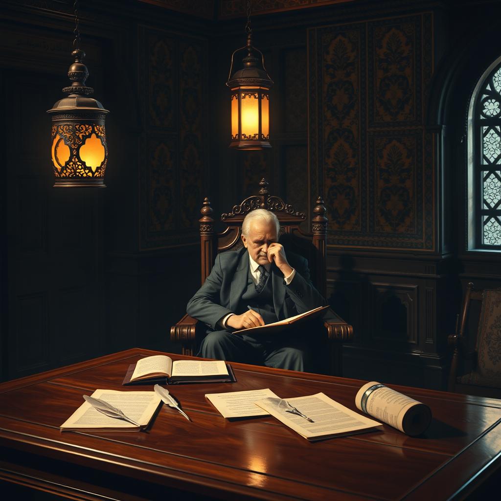 A politician seated on a wooden chair, deep in thought while writing in a dark castle