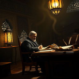 A politician seated on a wooden chair, deep in thought while writing in a dark castle