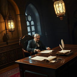 A politician seated on a wooden chair, deep in thought while writing in a dark castle
