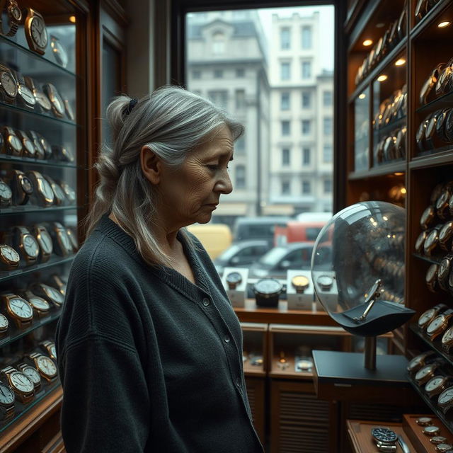 An old sad girl standing in a vintage watch shop, surrounded by an array of classic and elegant timepieces