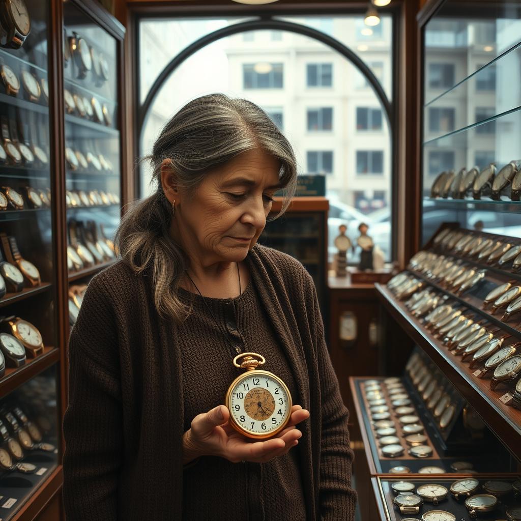 An old sad girl standing in a vintage watch shop, surrounded by an array of classic and elegant timepieces