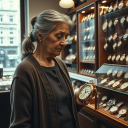 An old sad girl standing in a vintage watch shop, surrounded by an array of classic and elegant timepieces