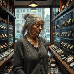 An old sad girl standing in a vintage watch shop, surrounded by an array of classic and elegant timepieces