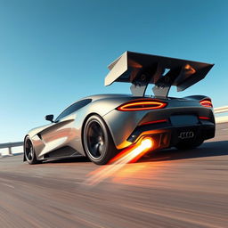 A highly detailed, realistic sports car equipped with a rocket drive, featuring sleek lines and an innovative design