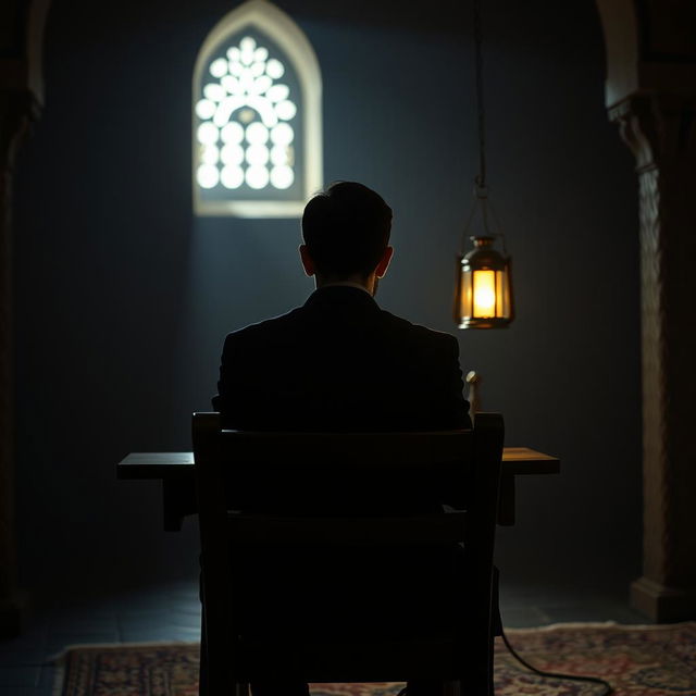 A young politician sitting on a wooden chair in a dark castle, writing with an Iranian lantern illuminating the scene