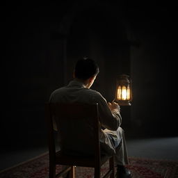 A young politician sitting on a wooden chair in a dark castle, writing with an Iranian lantern illuminating the scene