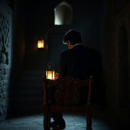 A young politician sitting on a wooden chair in a dark castle, writing with an Iranian lantern illuminating the scene