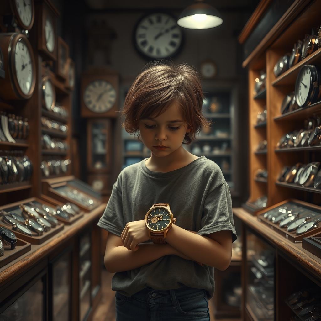 A young sad girl in an old watch shop, standing alone amidst an array of vintage and classic timepieces