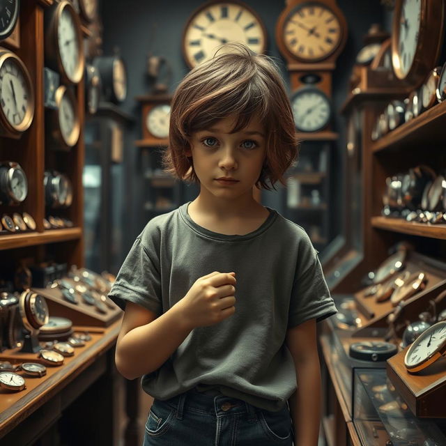 A young sad girl in an old watch shop, standing alone amidst an array of vintage and classic timepieces