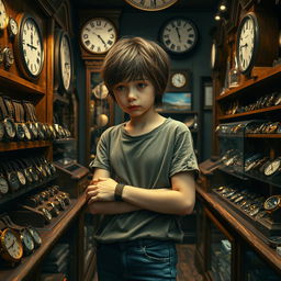 A young sad girl in an old watch shop, standing alone amidst an array of vintage and classic timepieces