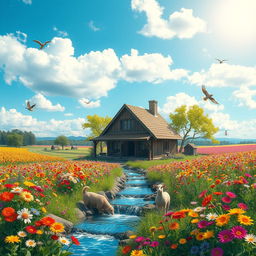 A vibrant farm filled with colorful flowers, featuring a flowing water spring in the middle
