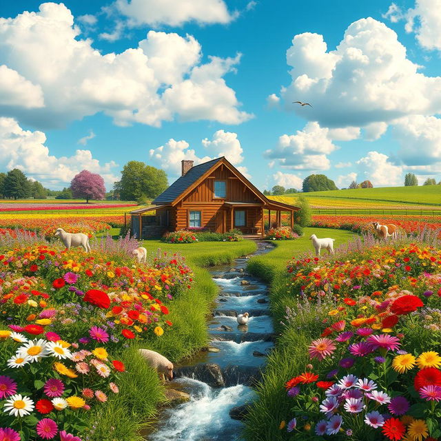 A vibrant farm filled with colorful flowers, featuring a flowing water spring in the middle