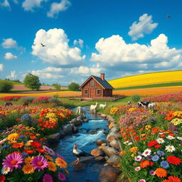 A vibrant farm filled with colorful flowers, featuring a flowing water spring in the middle