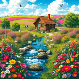 A vibrant farm filled with colorful flowers, featuring a flowing water spring in the middle