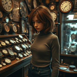 A sad girl standing in an old watch shop, surrounded by an array of vintage and antique timepieces
