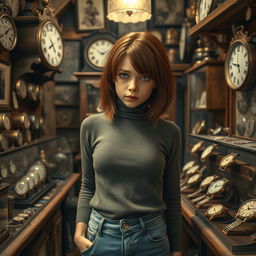 A sad girl standing in an old watch shop, surrounded by an array of vintage and antique timepieces