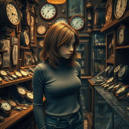 A sad girl standing in an old watch shop, surrounded by an array of vintage and antique timepieces