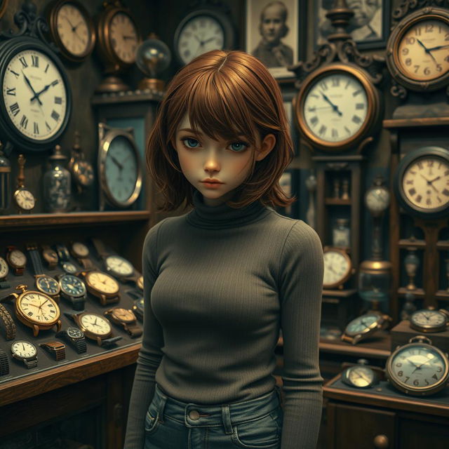 A sad girl standing in an old watch shop, surrounded by an array of vintage and antique timepieces