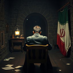 A young politician sitting on a wooden chair in a dark castle, writing with an Iranian lantern illuminating the scene