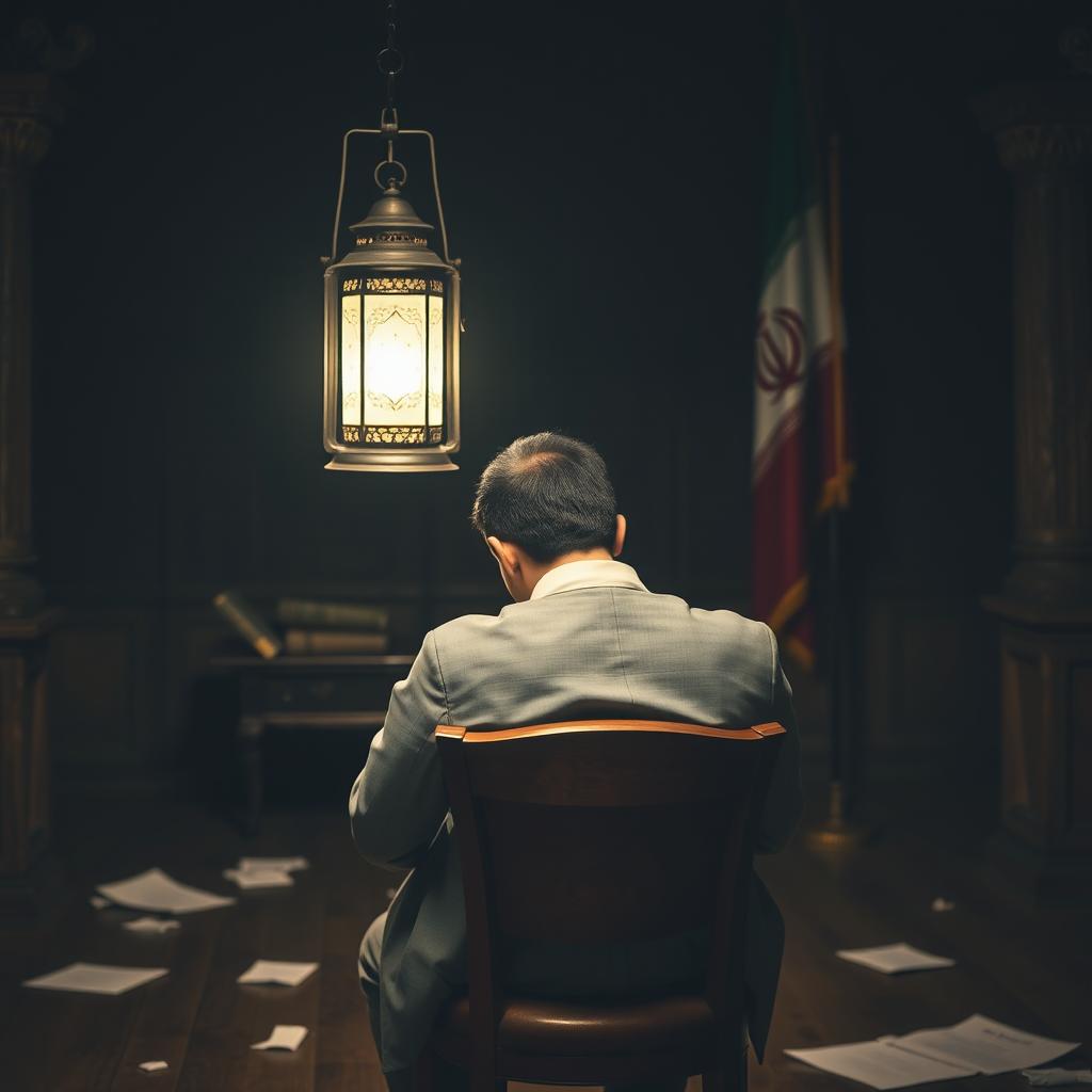 A young politician sitting on a wooden chair in a dark castle, writing with an Iranian lantern illuminating the scene