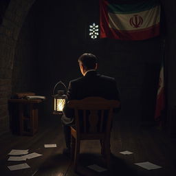 A young politician sitting on a wooden chair in a dark castle, writing with an Iranian lantern illuminating the scene