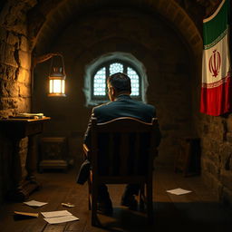A young politician sitting on a wooden chair in a dark castle, writing with an Iranian lantern illuminating the scene