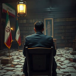 A young politician sitting on a wooden chair in a dark palace, writing with an Iranian lantern illuminating the scene
