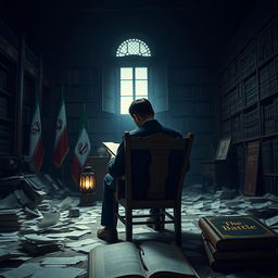 A young politician sitting on a wooden chair in a dark palace, writing with an Iranian lantern illuminating the scene
