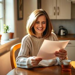 A middle-aged woman with shoulder-length brown hair, wearing a cozy knitted sweater, sitting at a wooden kitchen table