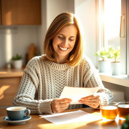 A middle-aged woman with shoulder-length brown hair, wearing a cozy knitted sweater, sitting at a wooden kitchen table