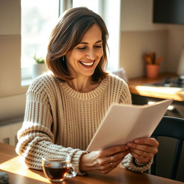 A middle-aged woman with shoulder-length brown hair, wearing a cozy knitted sweater, sitting at a wooden kitchen table