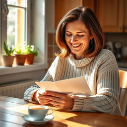 A middle-aged woman with shoulder-length brown hair, wearing a cozy knitted sweater, sitting at a wooden kitchen table