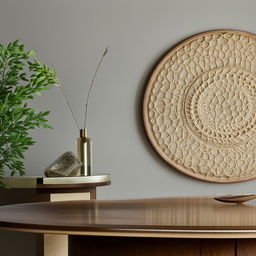 A charming scene showcasing intricate wall decor art elegantly displayed on a polished wooden round table.