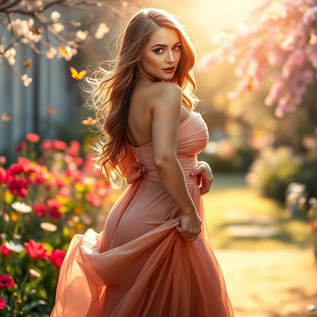 A stunning and sensual portrait of a voluptuous woman in an elegant, flowing dress, embodying confidence and grace