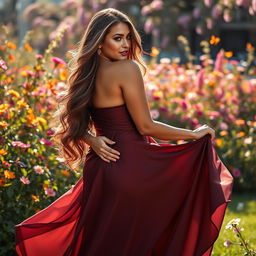 A stunning and sensual portrait of a voluptuous woman in an elegant, flowing dress, embodying confidence and grace