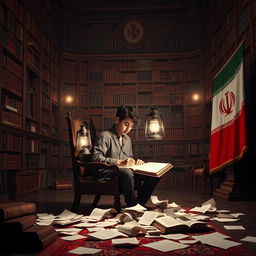 A young man sitting in a dark palace on a wooden chair, writing with a lantern illuminating his surroundings