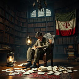 A young man sitting in a dark palace on a wooden chair, writing with a lantern illuminating his surroundings