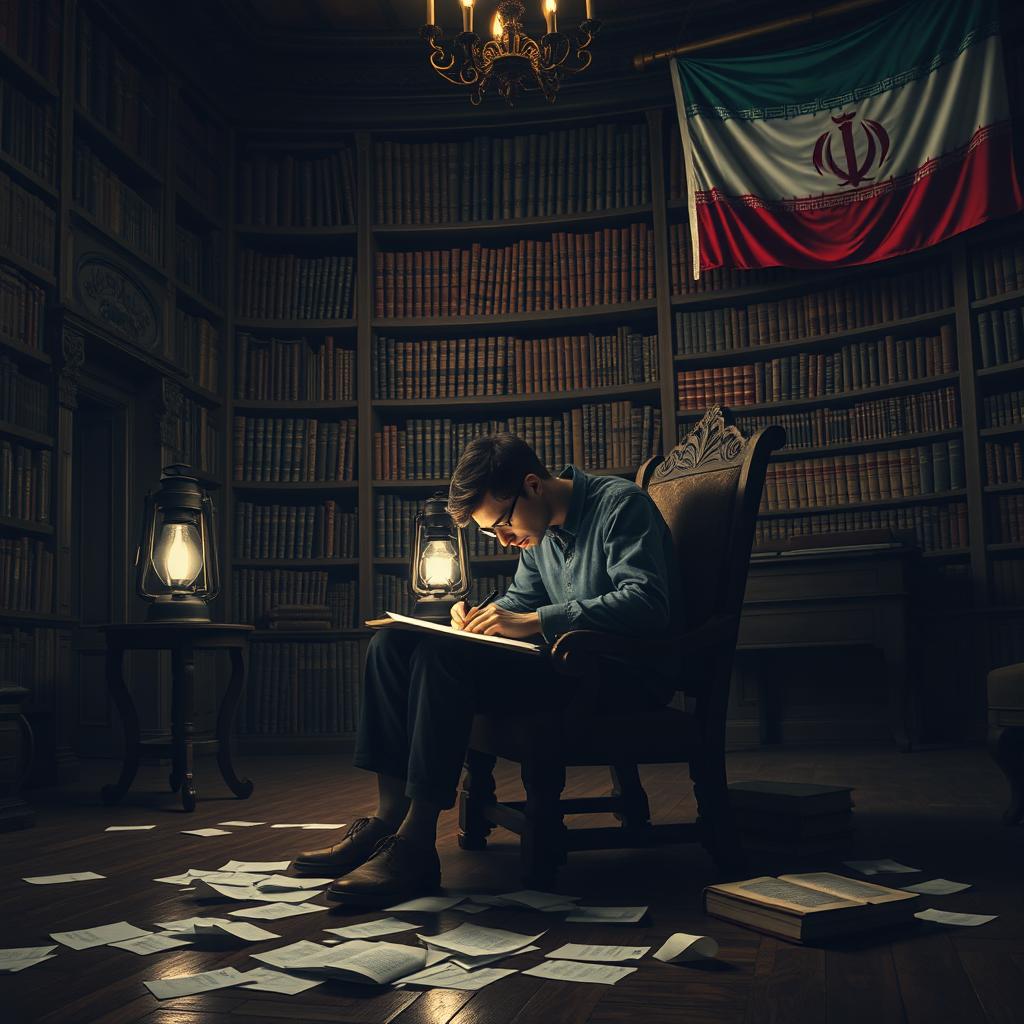 A young man sitting in a dark palace on a wooden chair, writing with a lantern illuminating his surroundings