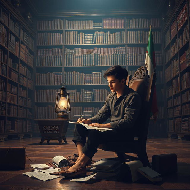 A young man sitting in a dark palace on a wooden chair, writing with a lantern illuminating his surroundings