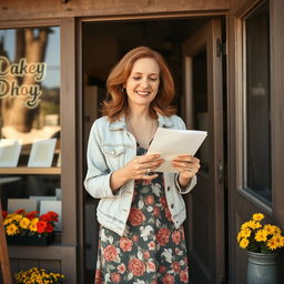A middle-aged woman with wavy auburn hair, wearing a stylish casual outfit consisting of a light denim jacket and a floral dress, standing by the door of a quaint shop