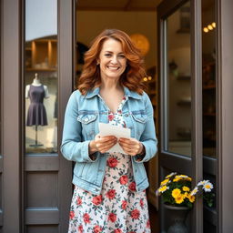 A middle-aged woman with wavy auburn hair, wearing a stylish casual outfit consisting of a light denim jacket and a floral dress, standing by the door of a quaint shop