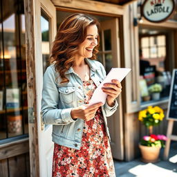A middle-aged woman with wavy auburn hair, wearing a stylish casual outfit consisting of a light denim jacket and a floral dress, standing by the door of a quaint shop