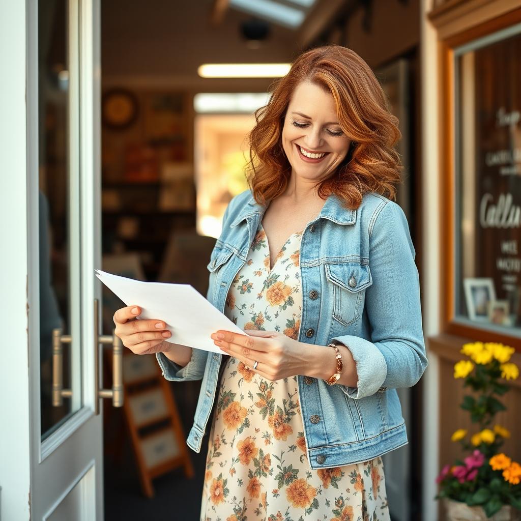 A middle-aged woman with wavy auburn hair, wearing a stylish casual outfit consisting of a light denim jacket and a floral dress, standing by the door of a quaint shop