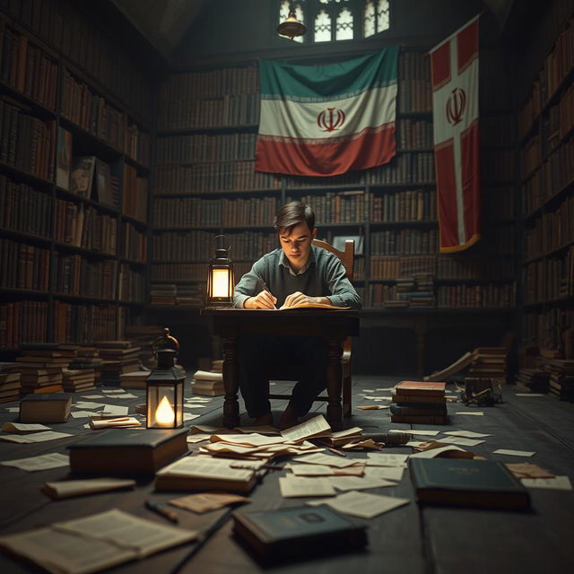 A dark castle interior featuring a teenage man seated on a wooden chair at a small desk, diligently writing by the light of a lantern