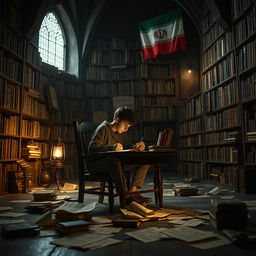 A dark castle interior featuring a teenage man seated on a wooden chair at a small desk, diligently writing by the light of a lantern